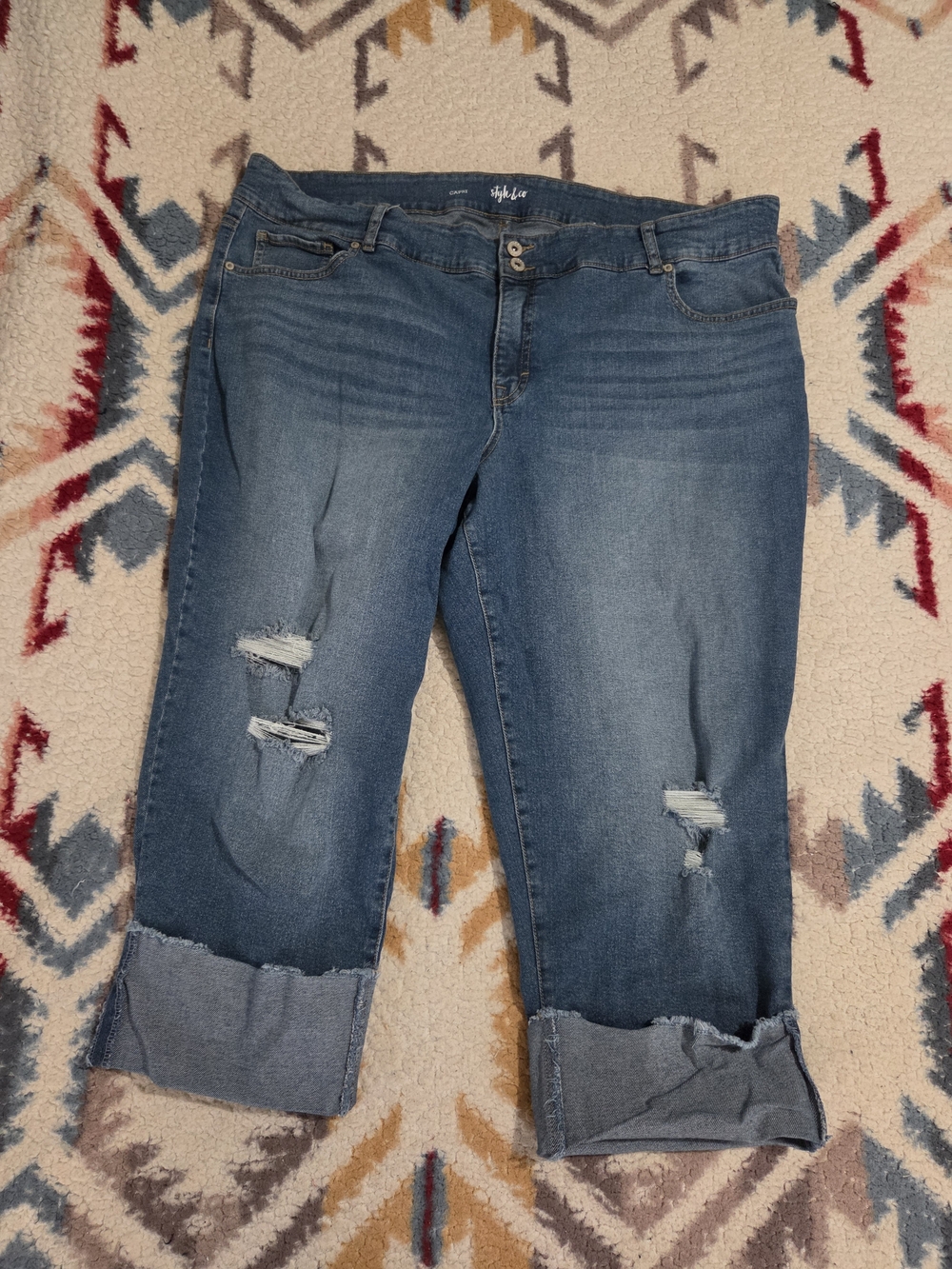 Style & Co. Blue Distressed Capris with Cuffed Hem